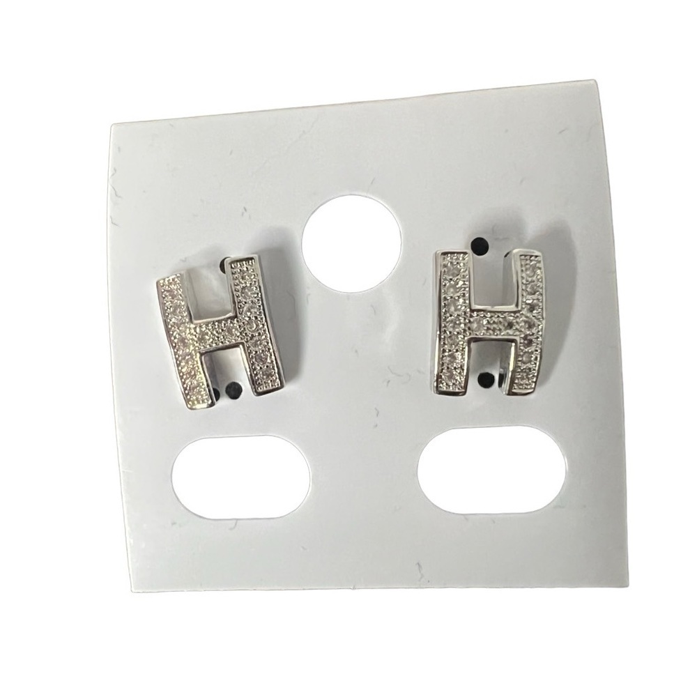 Micro Paved Silver Letter H Stud Earrings New - Picture 1 of 7